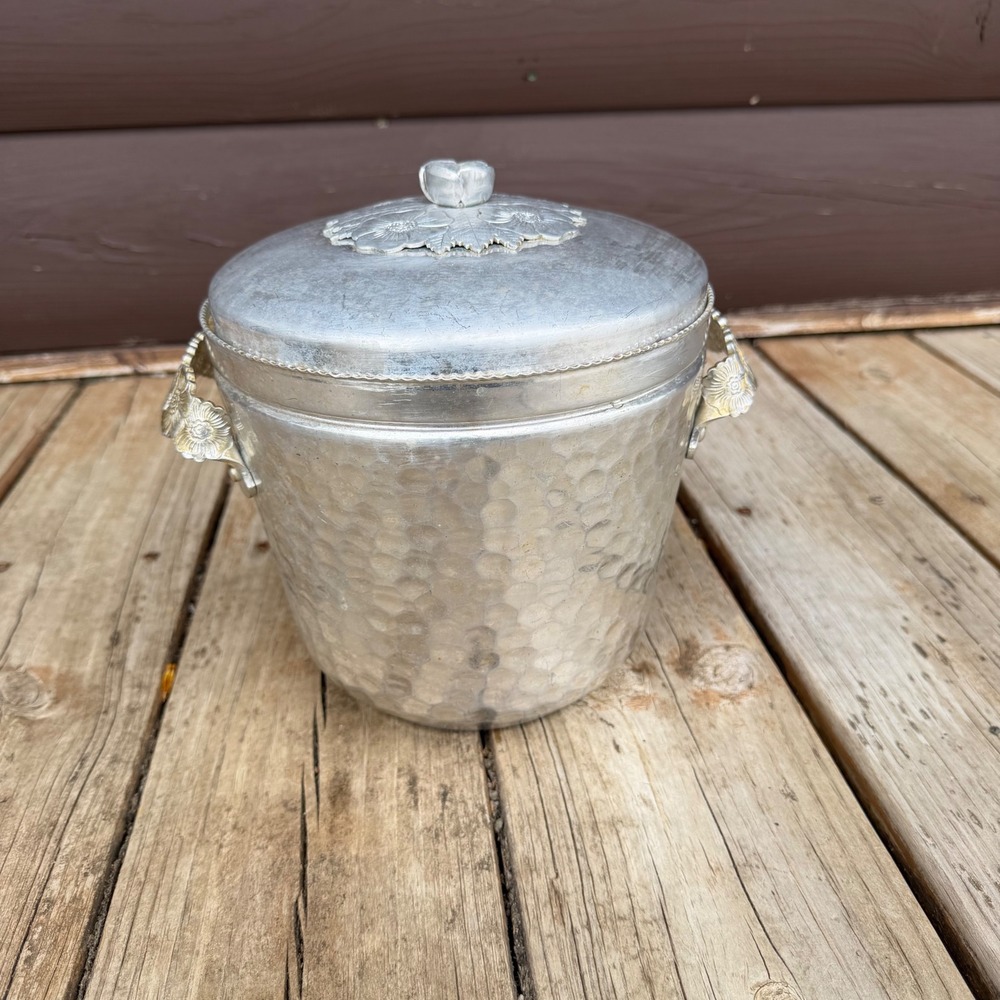 Continental Silver Co Hammered Aluminum‎ Ice Bucket Wild Rose 1004 Silver Tone